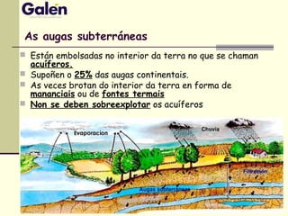 As augas subterráneas
 Están embolsadas no interior da terra no que se chaman
acuíferos.
 Supoñen o 25% das augas continentais.
 As veces brotan do interior da terra en forma de
mananciais ou de fontes termais
 Non se deben sobreexplotar os acuíferos
 