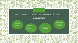 LA IDEA MÁS REVOLUCIONARIA DE LAS TECNOLOGÍAS DIGITALES ES LA
INTERACTIVIDAD
Dialogo
entre
usuario y
contenidos
Exploraciones
asociativas
Mas que
un “clic”
Recorrido
a ritmo
personal
 