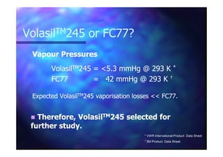 VolasilVolasilTMTM245 or FC77?245 or FC77?
Vapour PressuresVapour Pressures
VolasilVolasilTMTM245 = <5.3 mmHg @ 293 K245 = <5.3 mmHg @ 293 K **
FC77 = 42 mmHg @ 293 KFC77 = 42 mmHg @ 293 K ††FC77 = 42 mmHg @ 293 KFC77 = 42 mmHg @ 293 K ††
Expected VolasilExpected VolasilTMTM245 vaporisation losses << FC77.245 vaporisation losses << FC77.
* VWR International Product Data Sheet
†† 3M Product Data Sheet
Therefore, VolasilTherefore, VolasilTMTM245 selected for245 selected for
further study.further study.
 