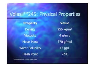 VolasilVolasilTMTM245: Physical Properties245: Physical Properties
PropertyProperty ValueValue
DensityDensity 956 kg/m956 kg/m33
ViscosityViscosity 4 g/m s4 g/m sViscosityViscosity 4 g/m s4 g/m s
Molar MassMolar Mass 370 g/mol370 g/mol
Water SolubilityWater Solubility 1717 [[g/Lg/L
Flash PointFlash Point 7272ooCC
VWR International Product Data Sheet
 