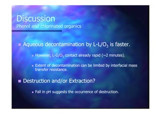 DiscussionDiscussion
Phenol and chlorinated organicsPhenol and chlorinated organics
Aqueous decontamination by LAqueous decontamination by L--L/OL/O33 is faster.is faster.
However, LHowever, L--G/OG/O33 contact already rapid (~2 minutes).contact already rapid (~2 minutes).However, LHowever, L--G/OG/O33 contact already rapid (~2 minutes).contact already rapid (~2 minutes).
Extent of decontamination can be limited by interfacial massExtent of decontamination can be limited by interfacial mass
transfer resistance.transfer resistance.
Destruction and/or Extraction?Destruction and/or Extraction?
Fall in pH suggests the occurrence of destruction.Fall in pH suggests the occurrence of destruction.
 