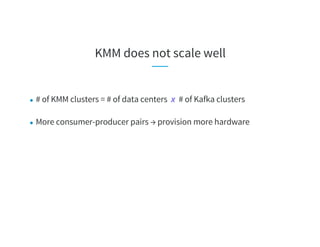 KMM does not scale well
● # of KMM clusters = # of data centers x # of Kafka clusters
● More consumer-producer pairs → provision more hardware
 