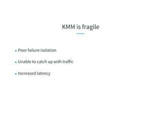 KMM is fragile
● Poor failure isolation
● Unable to catch up with traffic
● Increased latency
 