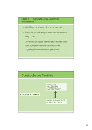 Etapa 5 – Formulação das estratégias
 empresariais

  – Identificar os futuros nichos de mercado;

  – Formular as estratégias de ação de médio e
    longo prazo;

  – Desenvolver ações estratégicas específicas
    para adequar o sistema funcional da
    organização aos cenários possíveis.




 Construção dos Cenários


                           FORÇAS E
                           FRAQUEZAS
                           (MATRIZ SWOT)

FATORES INTERNOS


                           IMPULSIONADORES
                           E RESTRITORES




                                                 13
 