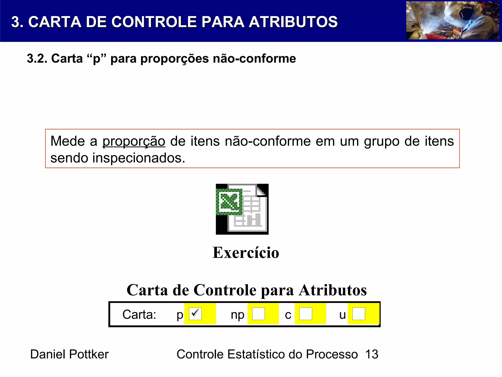 Daniel Pottker Controle Estatístico do Processo 13
PlanilhaPlanilha
Carta de Controle para Atributos
Carta: p np c u
Exercício
Mede a proporção de itens não-conforme em um grupo de itens
sendo inspecionados.
3. CARTA DE CONTROLE PARA ATRIBUTOS3. CARTA DE CONTROLE PARA ATRIBUTOS
3.2. Carta “p” para proporções não-conforme
 
