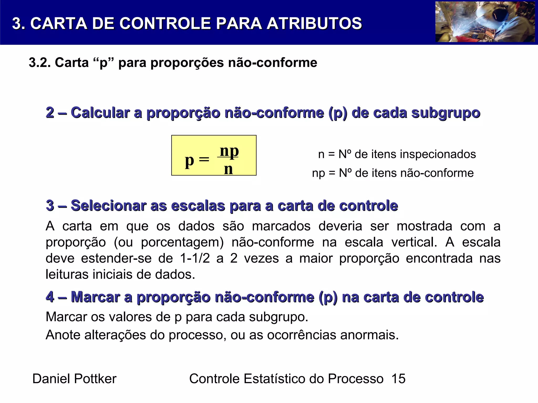 Daniel Pottker Controle Estatístico do Processo 15
2 – Calcular a proporção não-conforme (p) de cada subgrupo2 – Calcular a proporção não-conforme (p) de cada subgrupo
p =
np
n
n = Nº de itens inspecionados
np = Nº de itens não-conforme
3 – Selecionar as escalas para a carta de controle3 – Selecionar as escalas para a carta de controle
A carta em que os dados são marcados deveria ser mostrada com a
proporção (ou porcentagem) não-conforme na escala vertical. A escala
deve estender-se de 1-1/2 a 2 vezes a maior proporção encontrada nas
leituras iniciais de dados.
4 – Marcar a proporção não-conforme (p) na carta de controle4 – Marcar a proporção não-conforme (p) na carta de controle
Marcar os valores de p para cada subgrupo.
Anote alterações do processo, ou as ocorrências anormais.
3. CARTA DE CONTROLE PARA ATRIBUTOS3. CARTA DE CONTROLE PARA ATRIBUTOS
3.2. Carta “p” para proporções não-conforme
 