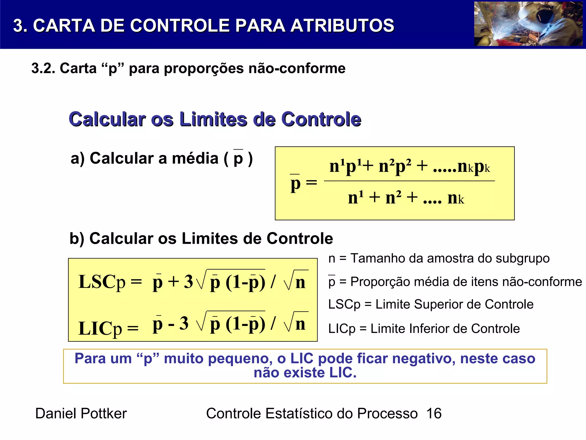 Daniel Pottker Controle Estatístico do Processo 16
a) Calcular a média ( p )
Calcular os Limites de ControleCalcular os Limites de Controle
p =
n¹p¹+ n²p² + .....nkpk
n¹ + n² + .... nk
b) Calcular os Limites de Controle
Para um “p” muito pequeno, o LIC pode ficar negativo, neste caso
não existe LIC.
LSCp =
LICp =
p + 3 p (1-p) / n
p - 3 p (1-p) / n
p = Proporção média de itens não-conforme
LSCp = Limite Superior de Controle
LICp = Limite Inferior de Controle
n = Tamanho da amostra do subgrupo
3. CARTA DE CONTROLE PARA ATRIBUTOS3. CARTA DE CONTROLE PARA ATRIBUTOS
3.2. Carta “p” para proporções não-conforme
 