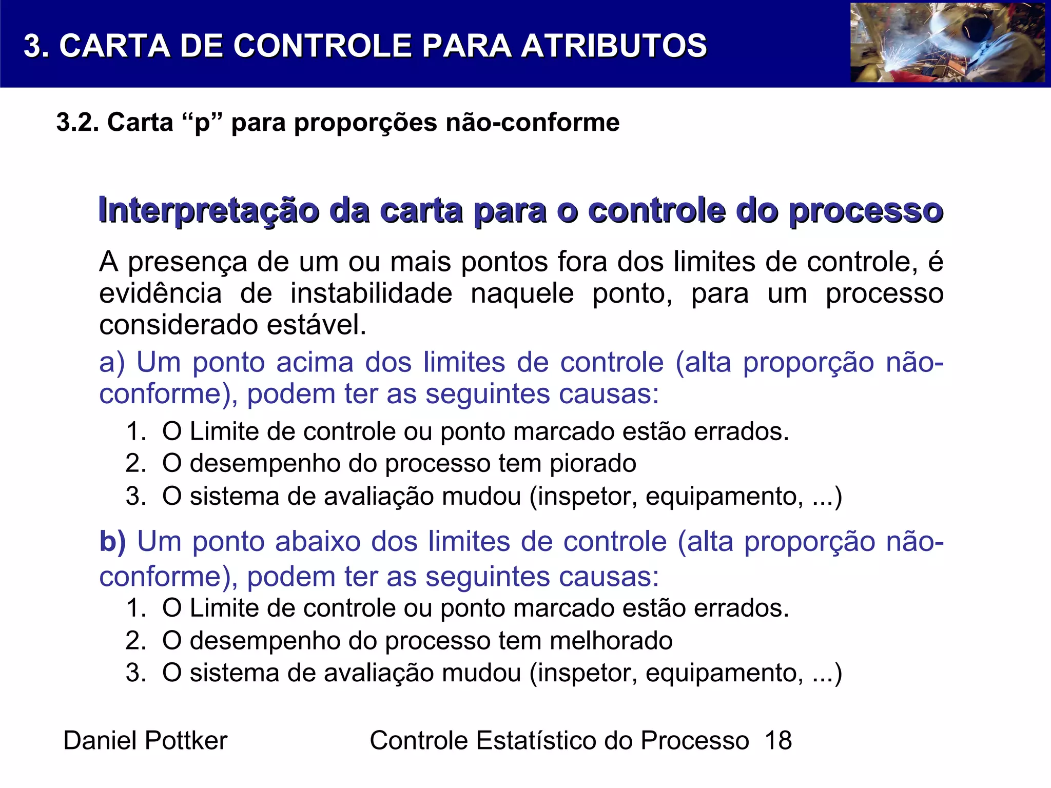 Daniel Pottker Controle Estatístico do Processo 18
Interpretação da carta para o controle do processoInterpretação da carta para o controle do processo
A presença de um ou mais pontos fora dos limites de controle, é
evidência de instabilidade naquele ponto, para um processo
considerado estável.
a) Um ponto acima dos limites de controle (alta proporção não-
conforme), podem ter as seguintes causas:
1. O Limite de controle ou ponto marcado estão errados.
2. O desempenho do processo tem melhorado
3. O sistema de avaliação mudou (inspetor, equipamento, ...)
3. O sistema de avaliação mudou (inspetor, equipamento, ...)
b) Um ponto abaixo dos limites de controle (alta proporção não-
conforme), podem ter as seguintes causas:
1. O Limite de controle ou ponto marcado estão errados.
2. O desempenho do processo tem piorado
3. CARTA DE CONTROLE PARA ATRIBUTOS3. CARTA DE CONTROLE PARA ATRIBUTOS
3.2. Carta “p” para proporções não-conforme
 