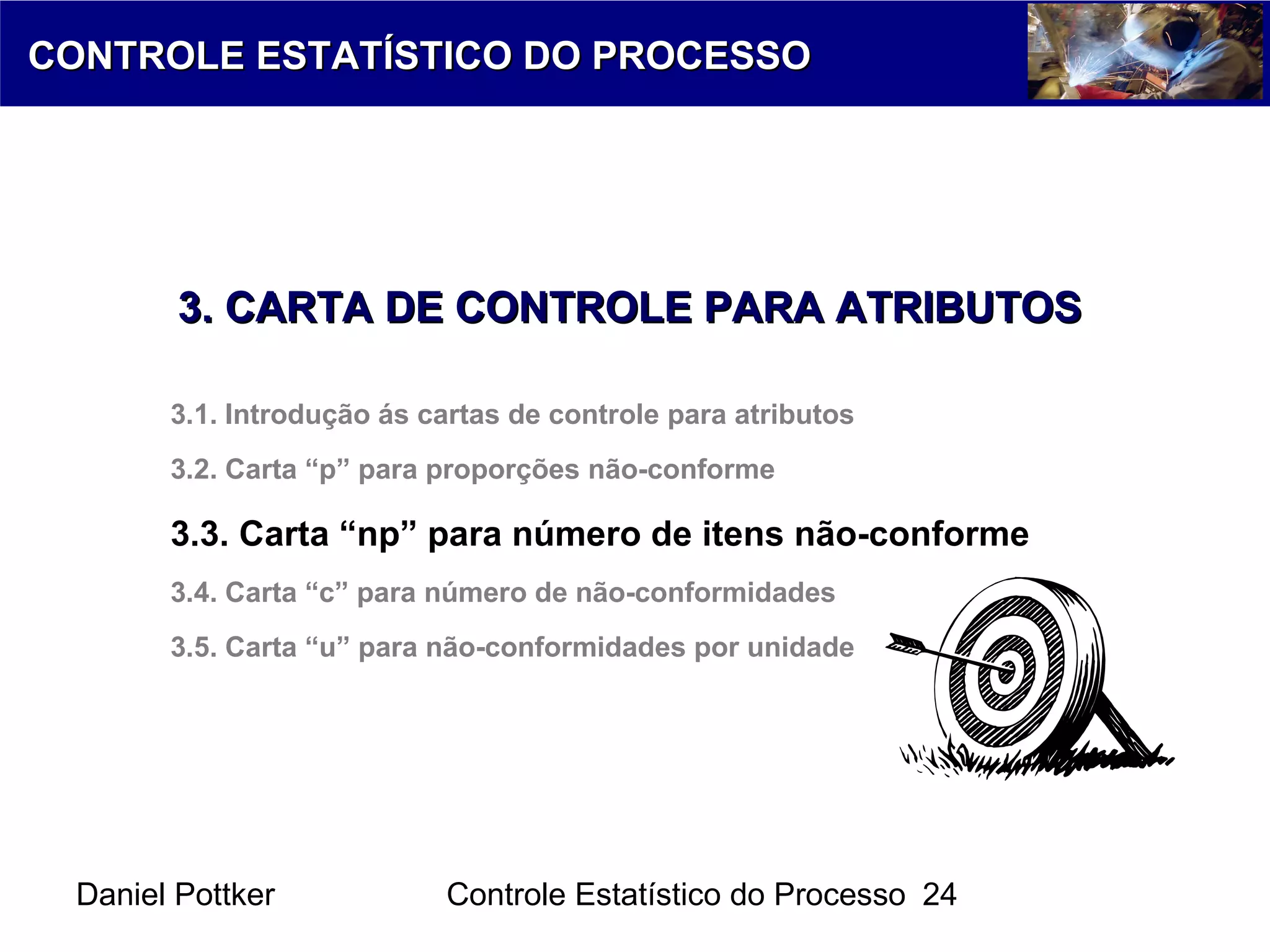 Daniel Pottker Controle Estatístico do Processo 24
CONTROLE ESTATÍSTICO DO PROCESSOCONTROLE ESTATÍSTICO DO PROCESSO
3. CARTA DE CONTROLE PARA ATRIBUTOS3. CARTA DE CONTROLE PARA ATRIBUTOS
3.1. Introdução ás cartas de controle para atributos
3.2. Carta “p” para proporções não-conforme
3.3. Carta “np” para número de itens não-conforme
3.4. Carta “c” para número de não-conformidades
3.5. Carta “u” para não-conformidades por unidade
 