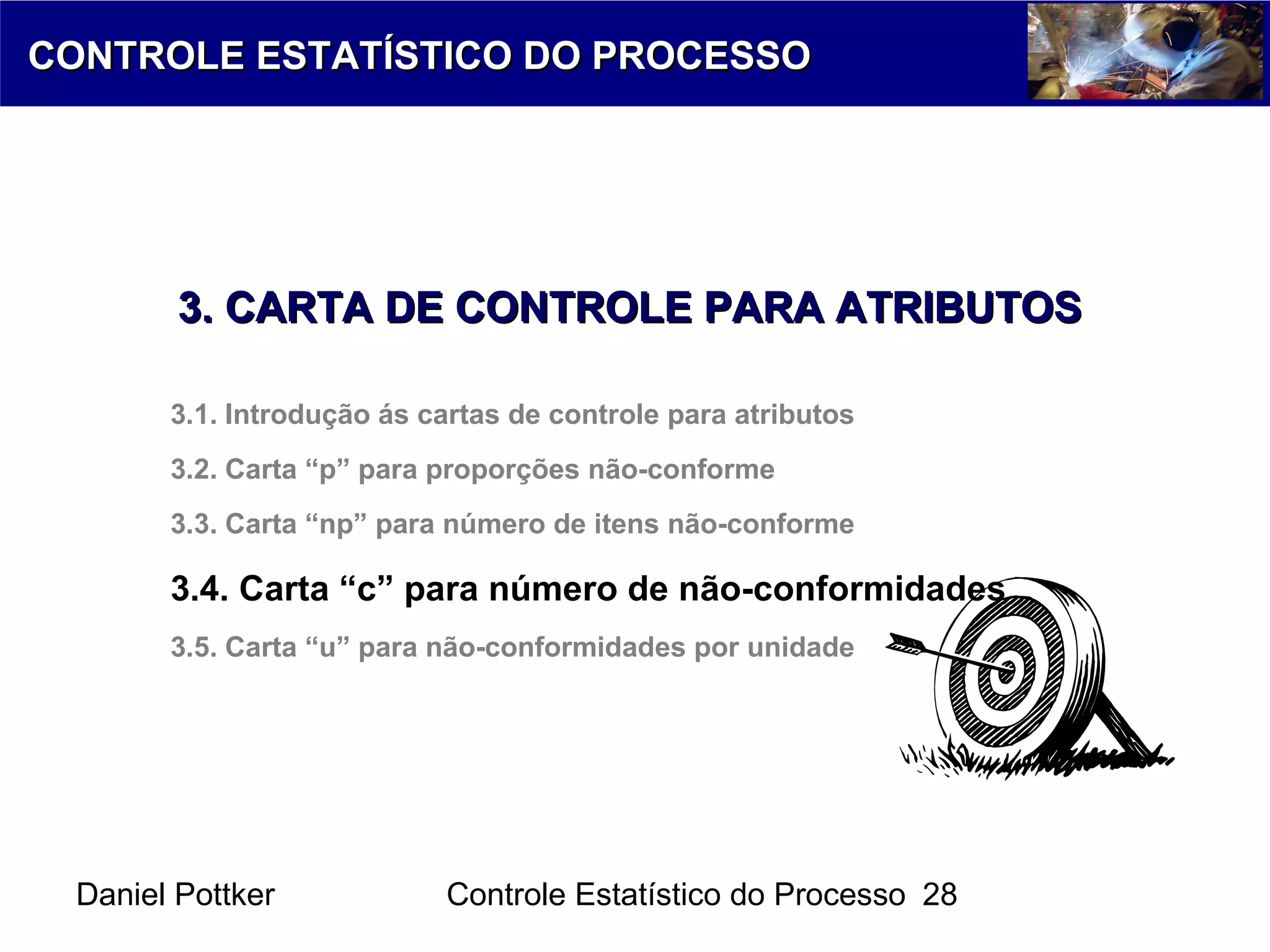 Daniel Pottker Controle Estatístico do Processo 28
CONTROLE ESTATÍSTICO DO PROCESSOCONTROLE ESTATÍSTICO DO PROCESSO
3. CARTA DE CONTROLE PARA ATRIBUTOS3. CARTA DE CONTROLE PARA ATRIBUTOS
3.1. Introdução ás cartas de controle para atributos
3.2. Carta “p” para proporções não-conforme
3.3. Carta “np” para número de itens não-conforme
3.4. Carta “c” para número de não-conformidades
3.5. Carta “u” para não-conformidades por unidade
 