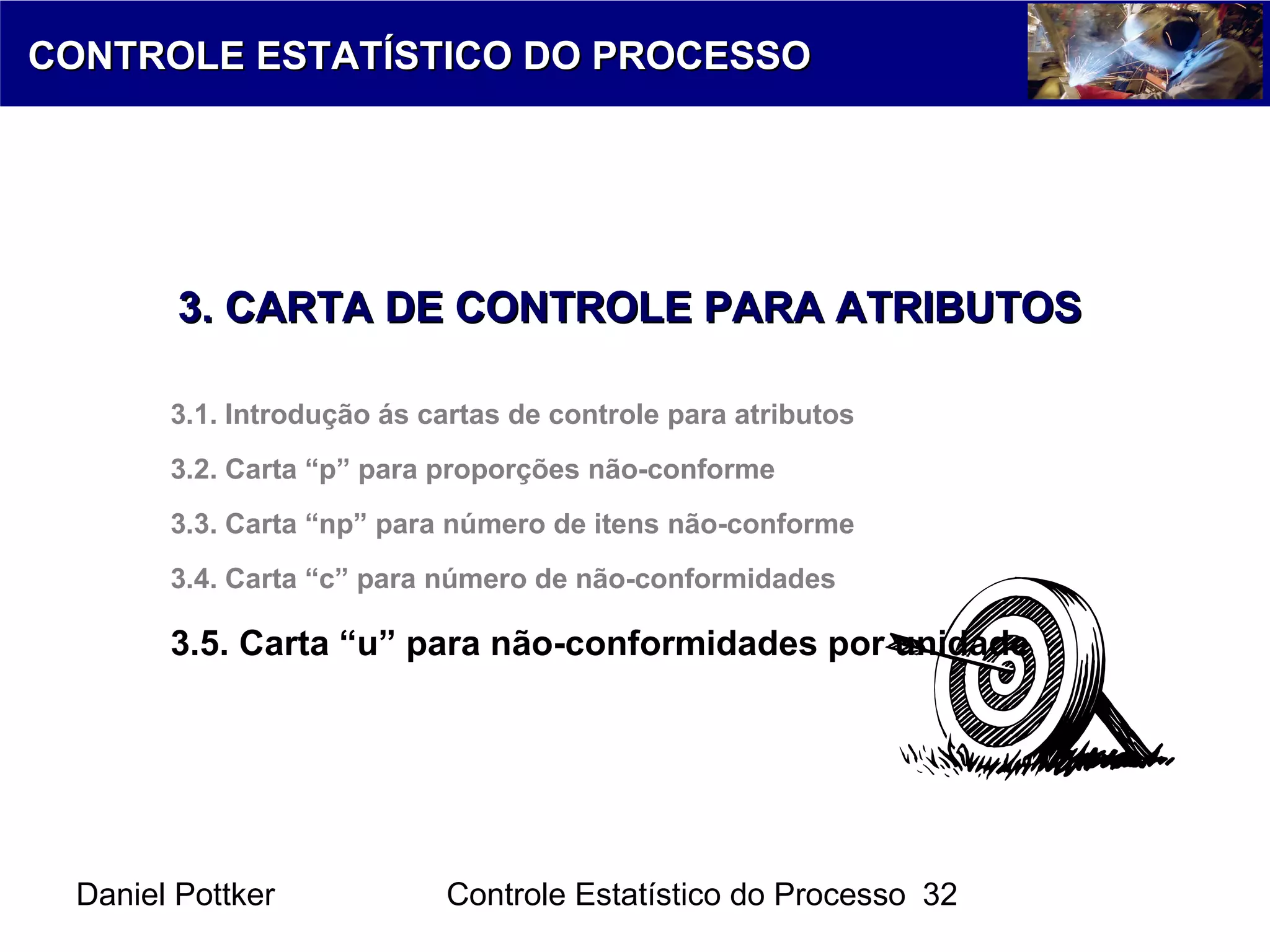 Daniel Pottker Controle Estatístico do Processo 32
CONTROLE ESTATÍSTICO DO PROCESSOCONTROLE ESTATÍSTICO DO PROCESSO
3. CARTA DE CONTROLE PARA ATRIBUTOS3. CARTA DE CONTROLE PARA ATRIBUTOS
3.1. Introdução ás cartas de controle para atributos
3.2. Carta “p” para proporções não-conforme
3.3. Carta “np” para número de itens não-conforme
3.4. Carta “c” para número de não-conformidades
3.5. Carta “u” para não-conformidades por unidade
 