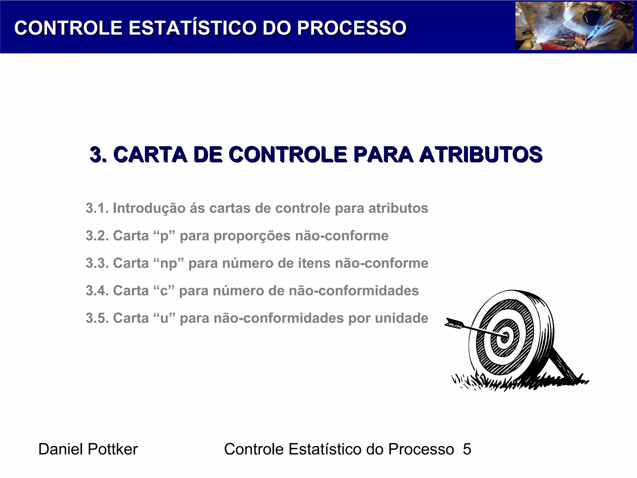 Daniel Pottker Controle Estatístico do Processo 5
CONTROLE ESTATÍSTICO DO PROCESSOCONTROLE ESTATÍSTICO DO PROCESSO
3. CARTA DE CONTROLE PARA ATRIBUTOS3. CARTA DE CONTROLE PARA ATRIBUTOS
3.1. Introdução ás cartas de controle para atributos
3.2. Carta “p” para proporções não-conforme
3.3. Carta “np” para número de itens não-conforme
3.4. Carta “c” para número de não-conformidades
3.5. Carta “u” para não-conformidades por unidade
 