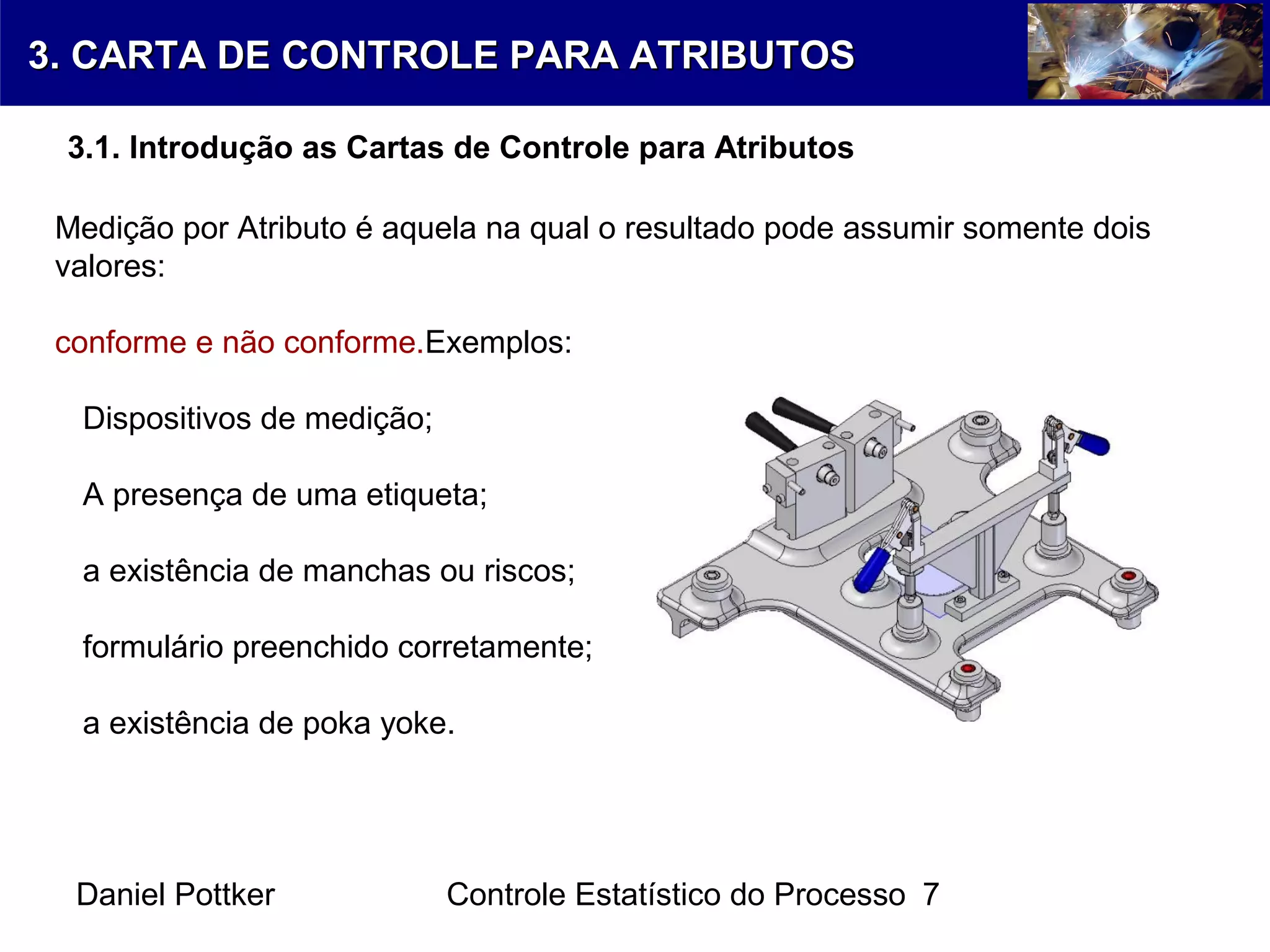 Daniel Pottker Controle Estatístico do Processo 7
Medição por Atributo é aquela na qual o resultado pode assumir somente dois
valores:
conforme e não conforme.Exemplos:
Dispositivos de medição;
A presença de uma etiqueta;
a existência de manchas ou riscos;
formulário preenchido corretamente;
a existência de poka yoke.
3. CARTA DE CONTROLE PARA ATRIBUTOS3. CARTA DE CONTROLE PARA ATRIBUTOS
3.1. Introdução as Cartas de Controle para Atributos
 