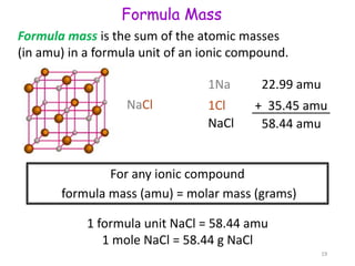 Formula mass is the sum of the atomic masses
(in amu) in a formula unit of an ionic compound.
1Na 22.99 amu
1Cl + 35.45 amu
NaCl 58.44 amu
For any ionic compound
formula mass (amu) = molar mass (grams)
1 formula unit NaCl = 58.44 amu
1 mole NaCl = 58.44 g NaCl
NaCl
Formula Mass
19
 
