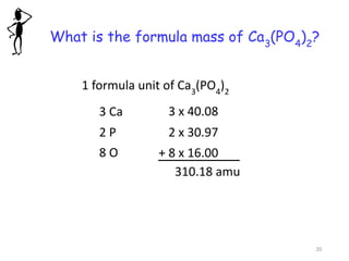 What is the formula mass of Ca3
(PO4
)2
?
1 formula unit of Ca3
(PO4
)2
3 Ca 3 x 40.08
2 P 2 x 30.97
8 O + 8 x 16.00
310.18 amu
20
 