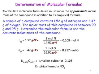 Determination of Molecular Formulas
A sample of a compound contains 1.52 g of nitrogen and 3.47
g of oxygen. The molar mass of this compound is between 90
g and 95 g. Determine the molecular formula and the
accurate molar mass of the compound.
nN
= 1.52 g N x = 0.108 mol N
1 mol N
14.01 g N
nO
= 3.47 g O x = 0.217 mol O
1 mol O
16.00 g O
N0.108
O0.217
; smallest subscript 0.108
Empirical formula NO2
28
To calculate molecular formula we must know the approximate molar
mass of the compound in addition to its empirical formula.
 