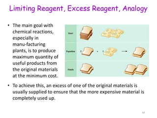Limiting Reagent, Excess Reagent, Analogy
44
• The main goal with
chemical reactions,
especially in
manu-facturing
plants, is to produce
maximum quantity of
useful products from
the original materials
at the minimum cost.
• To achieve this, an excess of one of the original materials is
usually supplied to ensure that the more expensive material is
completely used up.
 