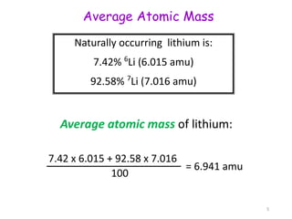 Naturally occurring lithium is:
7.42% 6
Li (6.015 amu)
92.58% 7
Li (7.016 amu)
7.42 x 6.015 + 92.58 x 7.016
100
= 6.941 amu
Average atomic mass of lithium:
Average Atomic Mass
5
 
