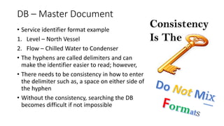 DB – Master Document
• Service identifier format example
1. Level – North Vessel
2. Flow – Chilled Water to Condenser
• The hyphens are called delimiters and can
make the identifier easier to read; however,
• There needs to be consistency in how to enter
the delimiter such as, a space on either side of
the hyphen
• Without the consistency, searching the DB
becomes difficult if not impossible
 