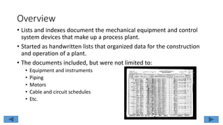 Overview
• Lists and indexes document the mechanical equipment and control
system devices that make up a process plant.
• Started as handwritten lists that organized data for the construction
and operation of a plant.
• The documents included, but were not limited to:
• Equipment and instruments
• Piping
• Motors
• Cable and circuit schedules
• Etc.
 