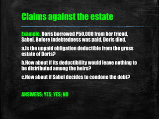 Example. Doris borrowed P50,000 from her friend,
Sabel. Before indebtedness was paid, Doris died.
a.Is the unpaid obligati...