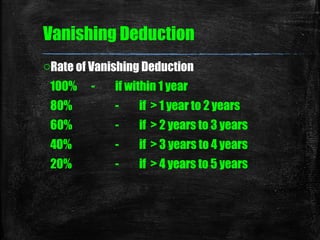 Vanishing Deduction
oRate of Vanishing Deduction
100% - if within 1 year
80% - if > 1 year to 2 years
60% - if > 2 years t...