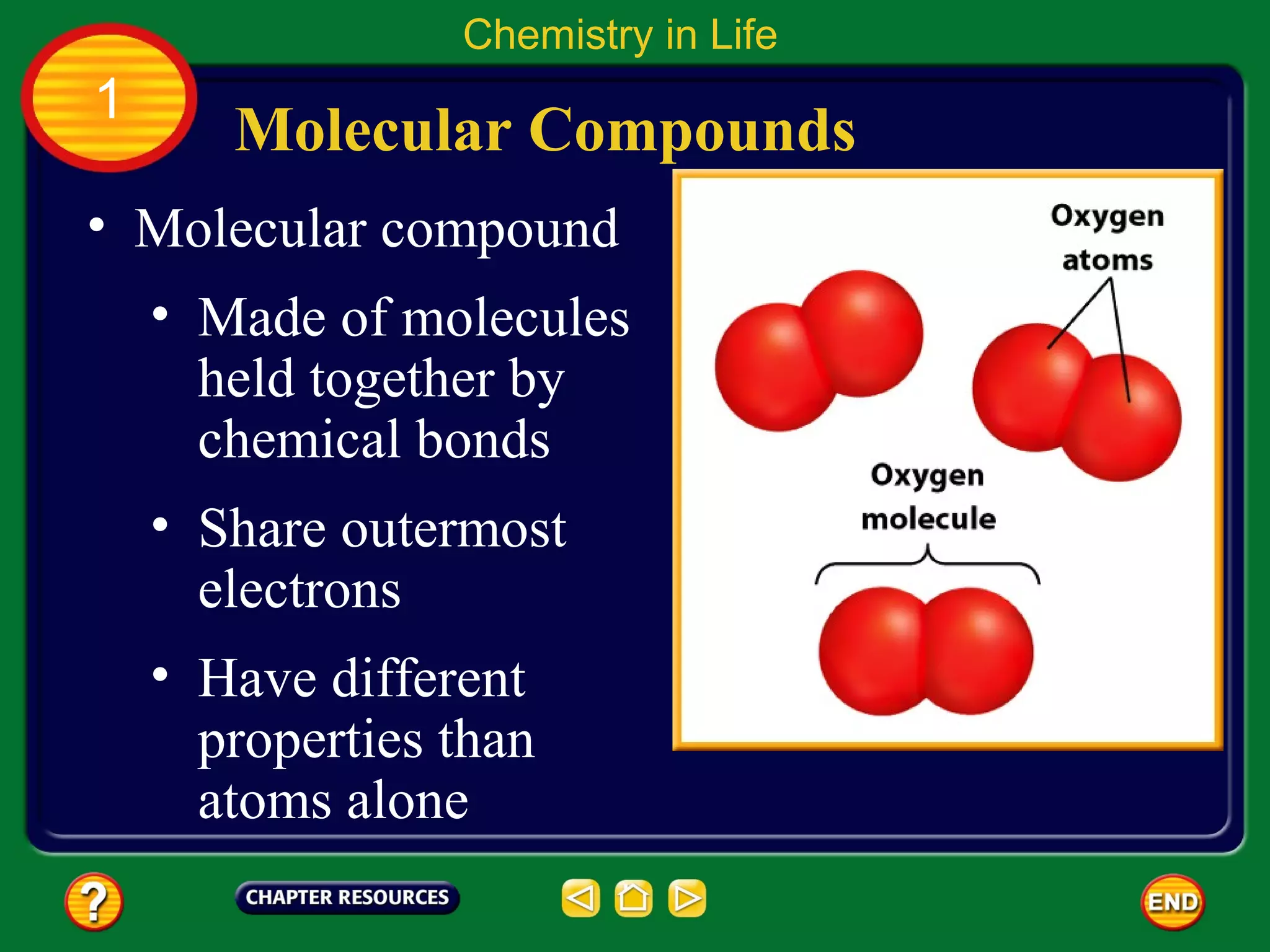 Chemistry in Life
1
       Molecular Compounds
• Molecular compound
    • Made of molecules
      held together by
      chemical bonds
    • Share outermost
      electrons
    • Have different
      properties than
      atoms alone
 