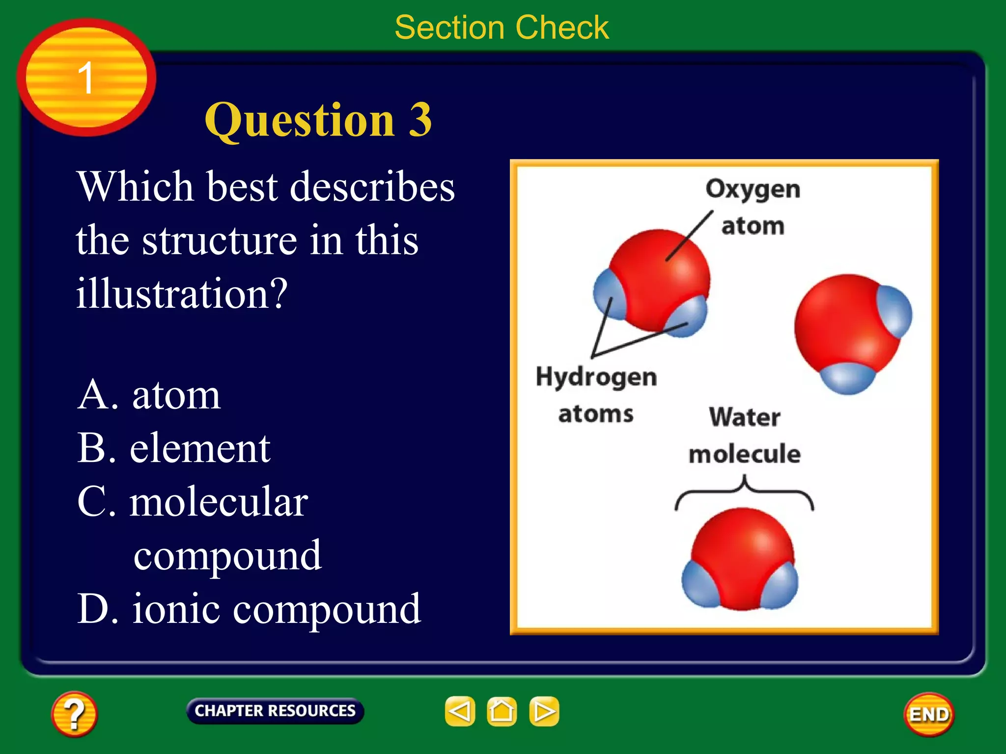 Section Check
1
       Question 3
Which best describes
the structure in this
illustration?

A. atom
B. element
C. molecular
   compound
D. ionic compound
 