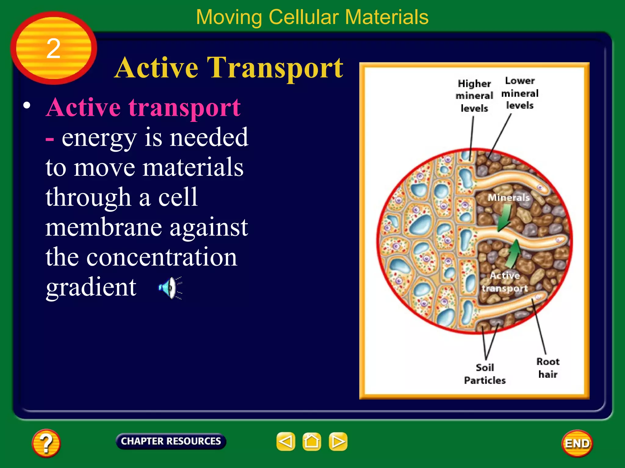 Moving Cellular Materials
  2
        Active Transport
• Active transport
  - energy is needed
  to move materials
  through a cell
  membrane against
  the concentration
  gradient
 