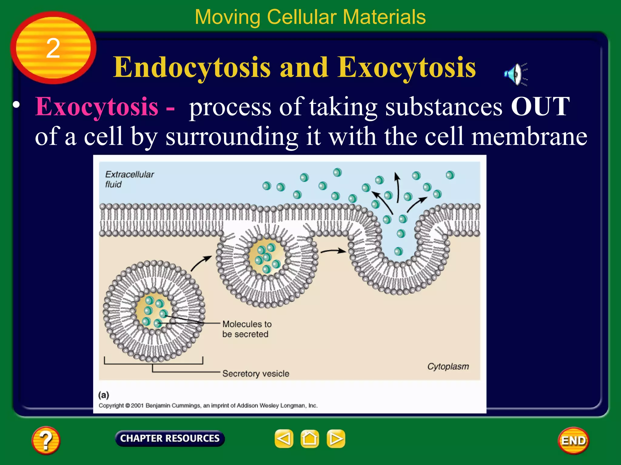 Moving Cellular Materials
   2
         Endocytosis and Exocytosis
• Exocytosis - process of taking substances OUT
  of a cell by surrounding it with the cell membrane
 