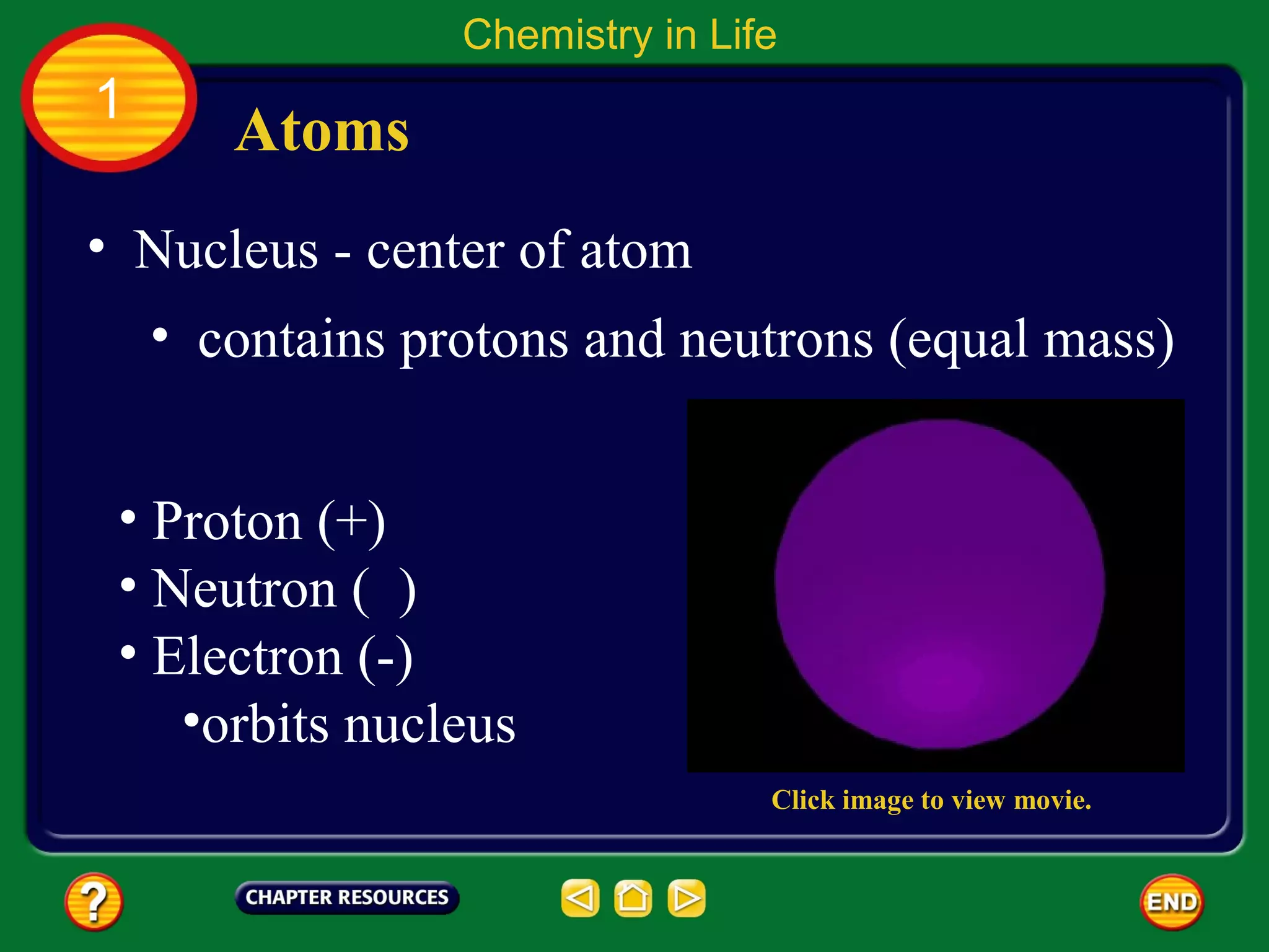 Chemistry in Life
1
       Atoms
• Nucleus - center of atom
    • contains protons and neutrons (equal mass)


 • Proton (+)
 • Neutron ( )
 • Electron (-)
    •orbits nucleus
                                 Click image to view movie.
 