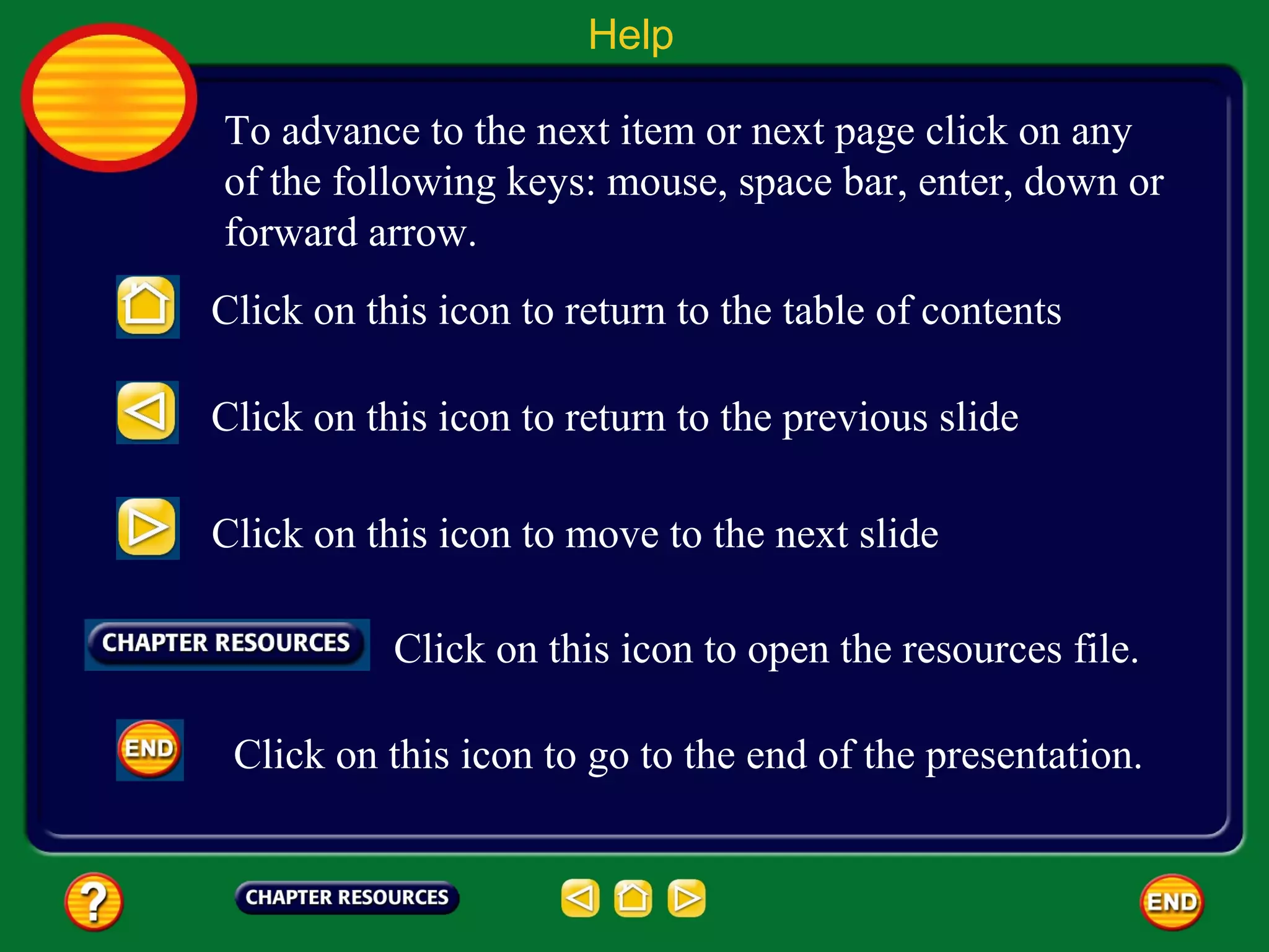 Help

To advance to the next item or next page click on any
of the following keys: mouse, space bar, enter, down or
forward arrow.
Click on this icon to return to the table of contents

Click on this icon to return to the previous slide

Click on this icon to move to the next slide

           Click on this icon to open the resources file.

 Click on this icon to go to the end of the presentation.
 