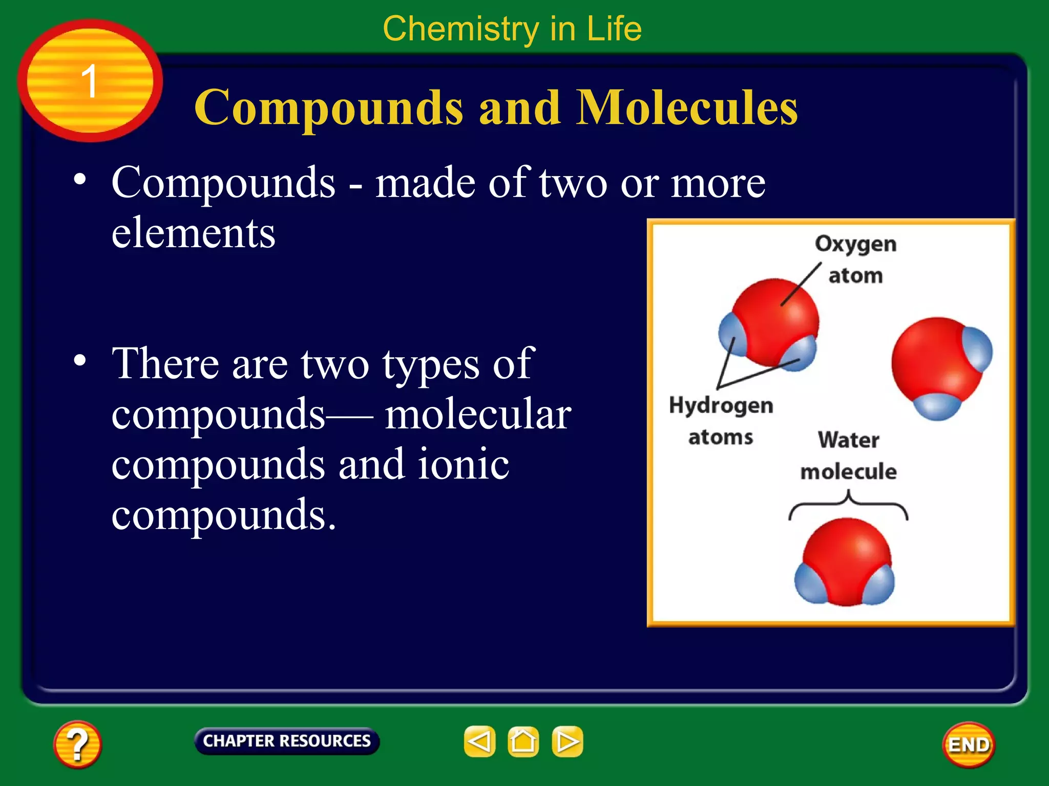 Chemistry in Life
1
     Compounds and Molecules
• Compounds - made of two or more
  elements

• There are two types of
  compounds— molecular
  compounds and ionic
  compounds.
 