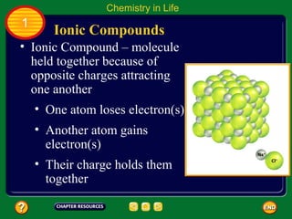 Chemistry in Life
1
       Ionic Compounds
• Ionic Compound – molecule
  held together because of
  opposite charges attracting
  one another
    • One atom loses electron(s)
    • Another atom gains
      electron(s)
    • Their charge holds them
      together
 