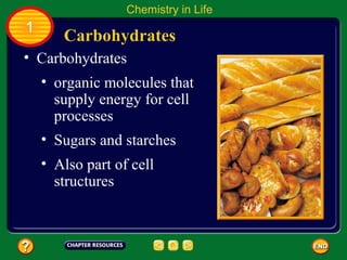 Chemistry in Life
1
       Carbohydrates
• Carbohydrates
    • organic molecules that
      supply energy for cell
      processes
    • Sugars and starches
    • Also part of cell
      structures
 