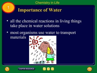 Chemistry in Life
1
      Importance of Water

• all the chemical reactions in living things
  take place in water solutions
• most organisms use water to transport
  materials
 