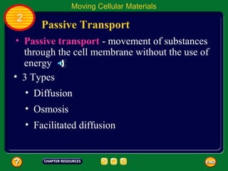 Moving Cellular Materials
2
        Passive Transport
 • Passive transport - movement of substances
   through the cell membrane without the use of
   energy
• 3 Types
    • Diffusion
    • Osmosis
    • Facilitated diffusion
 