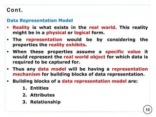 Cont.
Data Representation Model
 Reality is what exists in the real world. This reality
might be in a physical or logical form.
 The representation would be by considering the
properties the reality exhibits.
 When these properties assume a specific value it
would represent the real world object for which data is
required to be captured for.
 Thus any data model will be having a representation
mechanism for building blocks of data representation.
 Building blocks of a data representation model are:
1. Entities
2. Attributes
3. Relationship
13
C O M P I L E D B Y : G / S L A S S I E E .
 