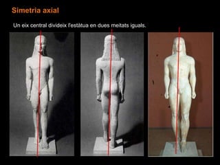 Simetria axial
Un eix central divideix l'estàtua en dues meitats iguals.
 