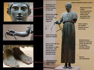 Destaquen les
incrustacions
d’ònix i esmalt
en els ulls.
Actitud serena i
elegància amb què
cauen els plecs de
la vestidura,
semblen estries
d’una columna.
Figura dempeus sobre el carro.
Amb cordes a
les aixelles
perquè no se li
bufi el xitó.
Aspecte serè del
rostre;
no té el somriure
arcaic típic de
l'estil arcaic
precedent sinó
l'aspecte serè.
Llavis amb aliatge
de coure per
aconseguir una
policroma
rogenca.
Amb la mà dreta
agafa les regnes.
Bronze
(cera perduda).
Disposició dels
pues oblics al
cos.
Suau torsió del cos i
del cap per
aconseguir un lleu
moviment i, així,
trencar amb el
hieratisme del
període arcaic.
 
