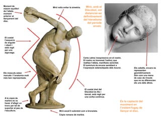 Certa calma inexpressiva en el rostre.
El rostre no transmet l’esforç que
realitza l’atleta, manifesta serenitat.
El somriure és encara semblant a
l’expressió estereotipada dels kouroi. Els cabells, encara es
representen
geomètricament.
Són com una mena
de casc de rínxols
que no es diferencien
els uns dels altres.
El costat dret del
Discòbol és llis i
tancat, està regit per
una corba contínua.
El costat
l’esquerre
és angular
i obert i
està regit
per una
ziga-zaga.
Miró excel·lí sobretot com a bronzista.
Còpia romana de marbre.
A la còpia de
marbre es va
haver d’afegir un
tronc per tal de
suportar el pes de
l’escultura.
És la captació del
moviment en
l’instant fugaç de
llançar el disc.
Miró, amb el
Discòbol, vol
distanciar-se
definitivament
del hieratisme
del període
arcaic.
Miró volia evitar la simetria.
Moment de
màxim equilibri
de l’atleta,
moment
anterior al
llançament del
disc.
Els músculs estan
marcats i l’anatomia molt
més ben representada.
 