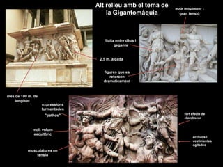 Alt relleu amb el tema de
la Gigantomàquia
figures que es
retorcen
dramàticament
més de 100 m. de
longitud
molt volum
escultòric
2,5 m. alçada
lluita entre déus i
gegants
molt moviment i
gran tensió
musculatures en
tensió
expressions
turmentades
"pathos" fort efecte de
clarobscur
actituds i
vestimentes
agitades
 