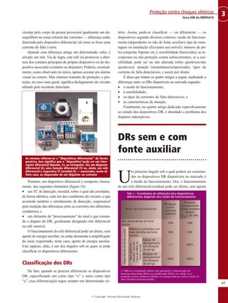 © Copyright - Revista Eletricidade Moderna
65
3Guia EM da NBR5410
Proteção contra choques elétricos
circular pelo corpo da pessoa provocará igualmente um de-
sequilíbrio na soma vetorial das correntes — diferença então
detectada pelo dispositivo diferencial, tal como se fosse uma
corrente de falta à terra.
Quando essa diferença atinge um determinado valor, é
ativado um relé. Via de regra, este relé irá promover a aber-
tura dos contatos principais do próprio dispositivo ou do dis-
positivo associado (contator ou disjuntor). Poderia, eventual-
mente, como observado no início, apenas acionar um alarme
visual ou sonoro. Mas estamos tratando de proteção; e pro-
teção, no caso mais geral, significa desligamento do circuito
afetado pelo incidente detectado.
Portanto, um dispositivo diferencial é composto, basica-
mente, dos seguintes elementos (figura 1b):
• um TC de detecção, toroidal, sobre o qual são enrolados,
de forma idêntica, cada um dos condutores do circuito, e que
acomoda também o enrolamento de detecção, responsável
pela medição das diferenças entre as correntes dos diferentes
condutores; e
• um elemento de “processamento” do sinal e que coman-
da o disparo do DR, geralmente designado relé diferencial
ou relé sensível.
O funcionamento do relé diferencial pode ser direto, sem
aporte de energia auxiliar; ou então demandar a amplificação
do sinal, requerendo, neste caso, aporte de energia auxiliar.
Este aspecto, aliás, é um dos ângulos sob os quais se pode
classificar os dispositivos diferenciais.
Classificação dos DRs
De fato, quando se procura diferenciar os dispositivos
DR, especificando um como tipo “x” e outro como tipo
“y”, essa diferenciação segue sempre um determinado cri-
tério. Assim, pode-se classificar — ou diferenciar — os
dispositivos segundo diversos critérios: modo de funciona-
mento (dependente ou não de fonte auxiliar); tipo de mon-
tagem ou instalação (fixo/para uso móvel); número de pó-
los (unipolar, bipolar, etc.); sensibilidade (baixa/alta); se in-
corporam ou não proteção contra sobrecorrentes; se a sen-
sibilidade pode ser ou não alterada (relés ajustáveis/não
ajustáveis); atuação (instantânea/temporizada); tipos de
corrente de falta detectáveis; e assim por diante.
É disso que tratam os quatro artigos a seguir, analisando a
diferenças entre os DRs disponíveis no mercado segundo:
• o modo de funcionamento;
• a sensibilidade;
• os tipos de correntes de falta detectáveis; e
• as características de atuação.
Finalmente, no quinto artigo dedicado especificamente
ao estudo dos dispositivos DR, é abordado o problema dos
disparos indesejáveis.
DRs sem e com
fonte auxiliar
U
m primeiro ângulo sob o qual podem ser examina-
dos os dispositivos DR disponíveis no mercado é
o modo de funcionamento. Ora, o funcionamento
de um relé diferencial-residual pode ser direto, sem aporte
As normas referem-se a “dispositivos diferenciais” de forma
genérica. Isso significa que o “dispositivo”pode ser um inter-
ruptor diferencial (bipolar, 1a, ou tetrapolar, 1b), um disjuntor
diferencial (2), uma tomada diferencial (3) ou, ainda, um relé
diferencial e respectivo TC toroidal (4) — associados, neste úl-
timo caso, ao disparador de um disjuntor ou contator
 