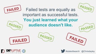 Failed tests are equally as
important as successful tests.
You just learned what your
audience doesn't like.
#stateofsearch @Chrisdayley
 