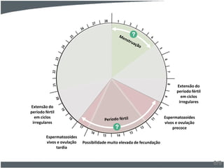 8/9
Extensão do
período fértil
em ciclos
irregulares
Extensão do
período fértil
em ciclos
irregulares
Possibilidade muito elevada de fecundação
Espermatozoides
vivos e ovulação
precoce
Espermatozoides
vivos e ovulação
tardia
?
?
 