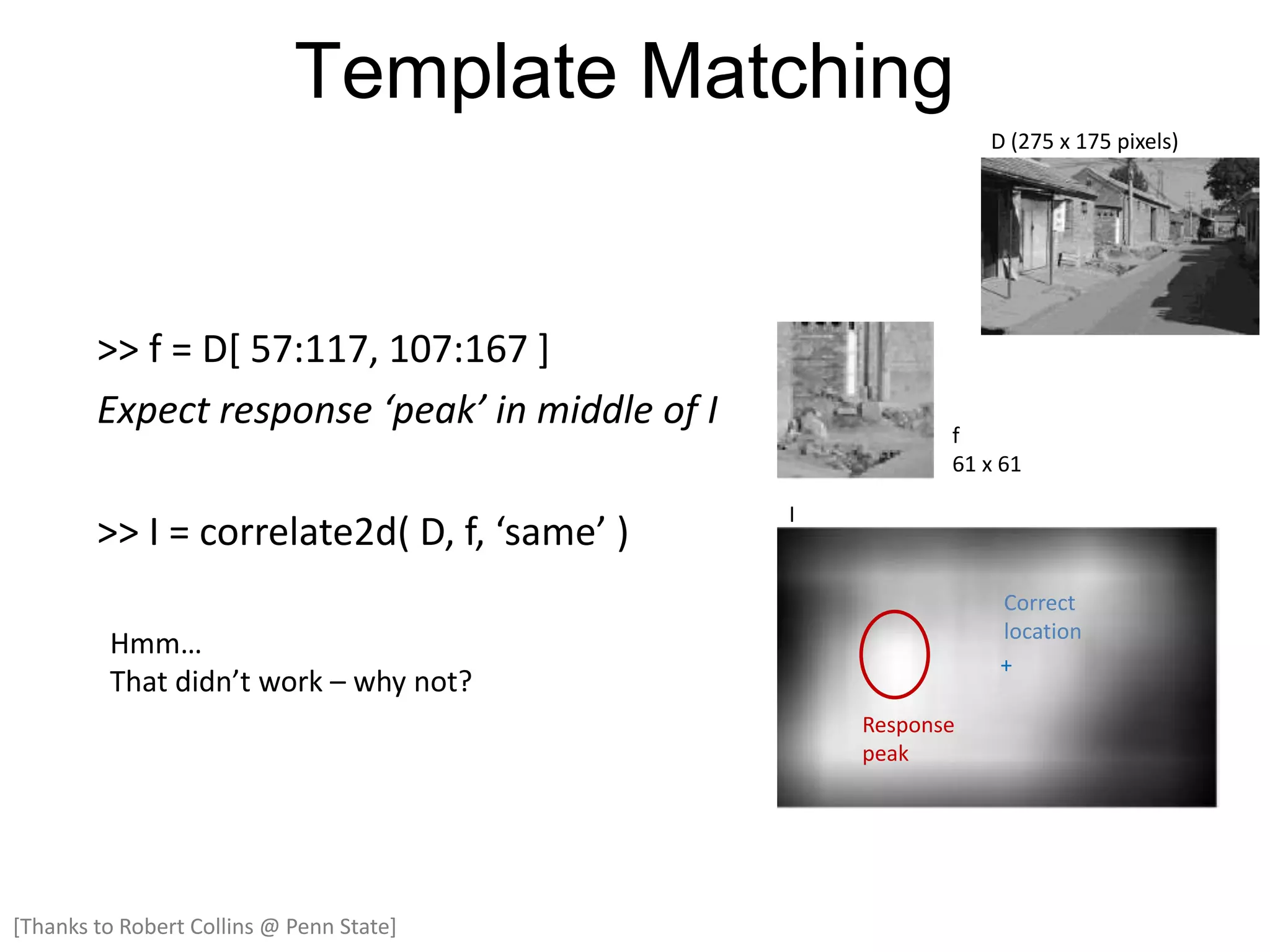 >> f = D[ 57:117, 107:167 ]
Expect response ‘peak’ in middle of I
>> I = correlate2d( D, f, ‘same’ )
f
61 x 61
D (275 x 175 pixels)
I
Response
peak
Hmm…
That didn’t work – why not?
+
Correct
location
[Thanks to Robert Collins @ Penn State]
Template Matching
 