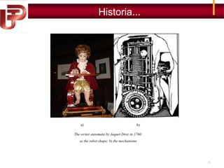 Historia...

a)

b)

The writer automata by Jaquet-Droz in 1760:
a) the robot shape; b) the mechanisms

31

 