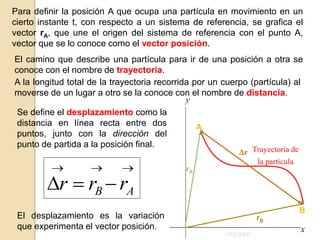 Para definir la posición A que ocupa una partícula en movimiento en un
cierto instante t, con respecto a un sistema de referencia, se grafica el
vector rA, que une el origen del sistema de referencia con el punto A,
vector que se lo conoce como el vector posición.
x
y
Trayectoria de
la partícula
rA
rB
Dr
A
B
El camino que describe una partícula para ir de una posición a otra se
conoce con el nombre de trayectoria.
El desplazamiento es la variación
que experimenta el vector posición.





D A
B r
r
r
Se define el desplazamiento como la
distancia en línea recta entre dos
puntos, junto con la dirección del
punto de partida a la posición final.
A la longitud total de la trayectoria recorrida por un cuerpo (partícula) al
moverse de un lugar a otro se la conoce con el nombre de distancia.
repaso
 