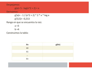 Despejamos:
g(x)= 5 - log(x^2 + 2) = x
Derivamos:
g'(x)= - 1 / (x^2 + 2) * 2 * x * log e
g'(3,5)= -0,213
Rango en que se encuentra la raiz:
a =3
b =4
Construimos la tabla:
Xn g(Xn)
X0
X1
…
Xn 14
 