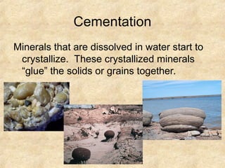 Cementation
Minerals that are dissolved in water start to
crystallize. These crystallized minerals
“glue” the solids or grains together.
 